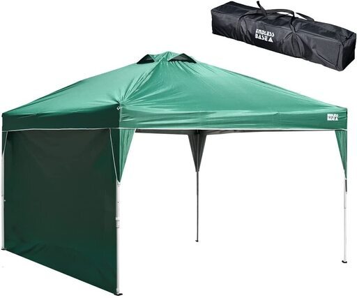 【引取限定・現状渡し】エンドレスベース ワンタッチ タープテント グリーン 3m×3ｍ サイドシート付