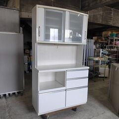 松田家具 白エナメル塗装 キッチンボード 食器棚『中古使用感あり 