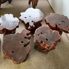 瘤木 一枚板　テーブル　切株椅子5個セット◇テーブル/天然木/美杢/銘木/切株/木工/木材引き取り限定