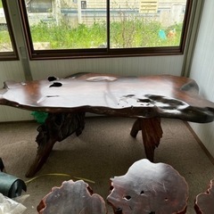 瘤木 一枚板　テーブル　切株椅子5個セット◇テーブル/天然木/美杢/銘木/切株/木工/木材引き取り限定