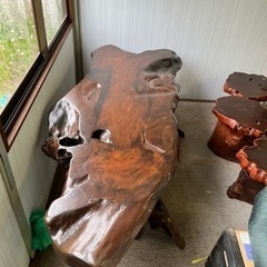 瘤木 一枚板　テーブル　切株椅子5個セット◇テーブル/天然木/美杢/銘木/切株/木工/木材引き取り限定