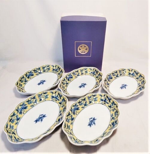 美品 京都 橘吉 黄彩果実 長皿 5客 947-415 和食器 伝統工芸 箱付