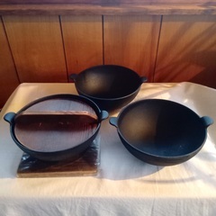 鉄鍋　×3　敷板、木製ふた　一人鍋　直火