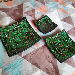 バリ産 モザイクタイル皿 器 3枚セット グリーン系