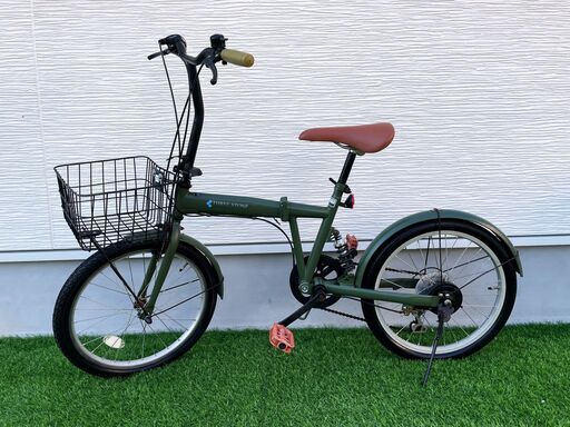 カーキ色のミニベロ自転車（6段変速）