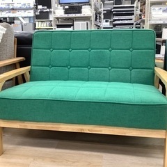 2人掛けソファー 布製×木製 グリーン ヘタリ有り