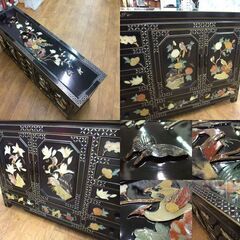螺鈿黒漆 アンティーク 花鳥図 彫刻 レトロ 飾り棚 サイドボード キャビネット 札幌市 厚別区
