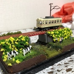 🚃付き【ジオラマ完成品】懐かしい田舎の風景　釣りを楽しむ