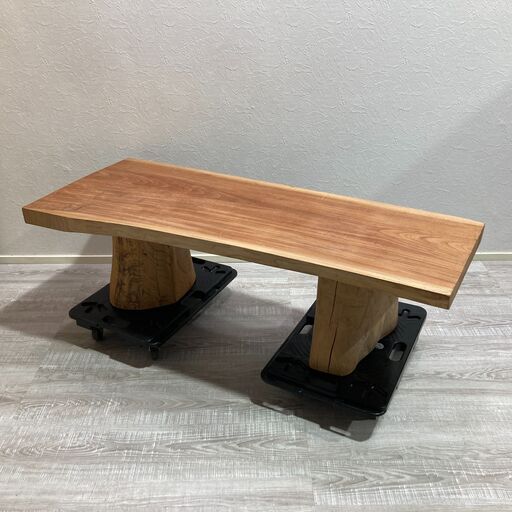 【成約済】天然木 ケヤキ無垢 平板テーブル 厚さ55mm 丸太脚 欅 一枚板 加工素材にもどうぞ A0BQ0112