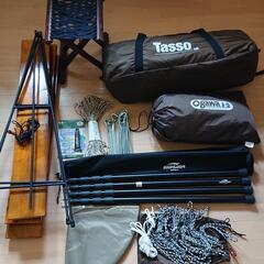 《 キャンプ･アウトドア･テント》オガワタッソ、メッシュスクリーン、自在ポール4本、自作ラック、他set