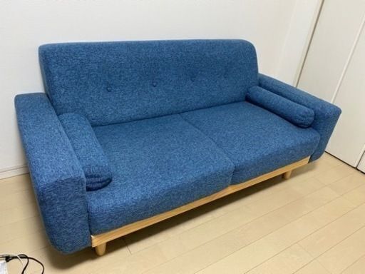 直接お渡し】LOWYA 2人掛け天然木脚ソファ インディゴブルー[幅159