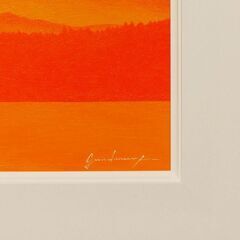 ●『西湖から陽色に染まる朝日の富士山』がんどうあつし油絵原画F4額付オレンジ山吹