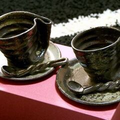 変わった陶器　ティーカップセット　益子焼　「長谷川つぎお」　作品