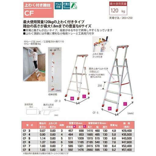 超特価！モノタロウ46900円が何と本日だけ1万円！引取早い方優先！ピカコーポレーション 上わく付き踏台 CF-7 最大使用質量：120kg 段数：7