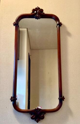 ウォールミラー　手彫り　木製　大型壁掛け鏡