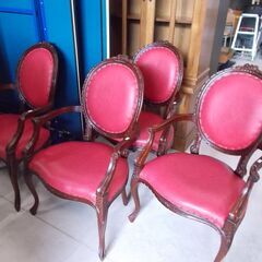 アンティーク調アームチェア 幅61cm レザー×赤 ダイニングチェア 鋲