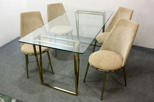 Francfranc/フランフランフェリシテ ダイニングテーブル 椅子4脚セット 幅1600 ゴールド ガラス天板    中古家具 店頭引取歓迎 R5970)