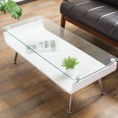 【ネット決済】強化ガラス×木材ホワイトテーブル 