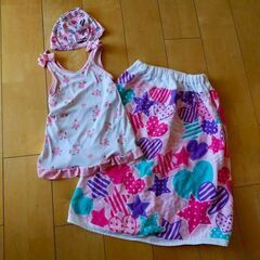 女児110すぐ水遊びできるプールセット（水着、水泳帽、ラップタオル）