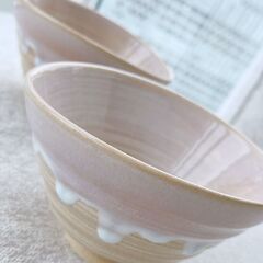 【美品】 萩焼 茶碗 萩の雫 しずく 飯茶碗 ペア 椿萩窯 ピンク