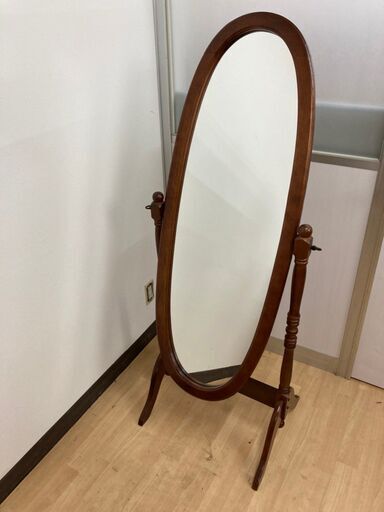【レガストック川崎本店】アンティーク調 木製鏡 楕円型 姿見 スタンドミラー