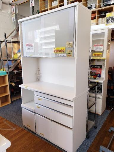 【松田家具】スライドテーブル付 キッチンボード（ホワイト）幅118cm×高さ205cm　管理番号81406