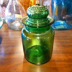 緑のガラスのキャニスター ガラス　/BJ-0575 南
