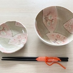 市田ひろみ　桜模様　御茶碗　小皿　箸セットに美濃焼盛り鉢おまけ付き