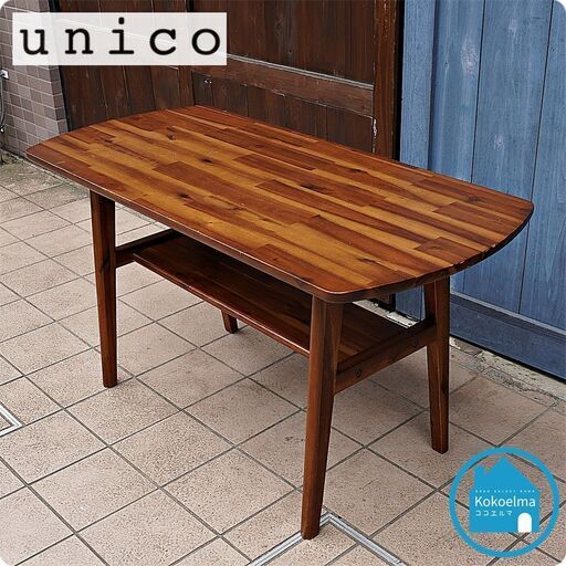 unico(ウニコ)のSWELLA(スウェラ) カフェテーブルです！アカシア材を使用したナチュラルな印象のリビングテーブル。西海岸スタイルや男前インテリアなどに！棚付きなので小物や雑誌の収納も可能♪CF326