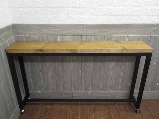 ss3707  カウンターテーブル　スチール×木製　キャスター付き　サイドテーブル　フリーラック　ブラック×ウッド　飾り台　棚　アイアン　インダストリアル