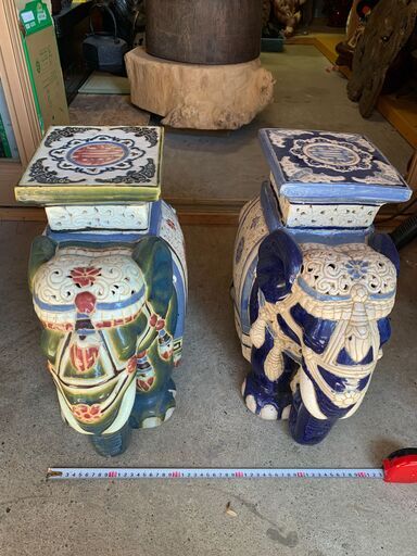 対象　2個　陶器製 象 置物 飾り台 インテリア オブジェ 玄関 ガーデニング ゾウ アニマル　まとめて　アンティーク＃T