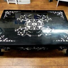 座卓 螺鈿細工 孔雀 蝶 草花 テーブル 家具 黒 幅：約137cm 札幌市 厚別区