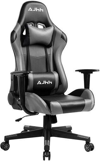 2022高い素材  オフィスチェア ゲーミングチェア AJHH デスクチェア グレー ランバーサポート ネックピロー 耐荷重130KG ひじ掛け付き PUレザー 高さ調整機能 ゲームチェア 180度リクライニング パソコンチェア チェア