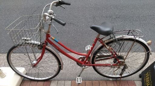 自転車　中古　27インチ　６段変速　赤　オートライト　使用感たっぷり