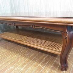 ss3786　カリモク　センターテーブル　ダークブラウン　幅130　karimoku　ローテーブル　ラタン　マガジンラック付き　天然木　こげ茶　座卓　猫脚　重厚