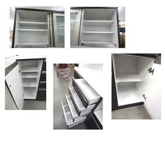 レンジボード 木目調 ダークグレー キッチンボード エナメル調 高さ205㎝ 幅119.5㎝ 奥行48㎝ 引出し2杯ソフトクローズ たっぷり収納 西岡店