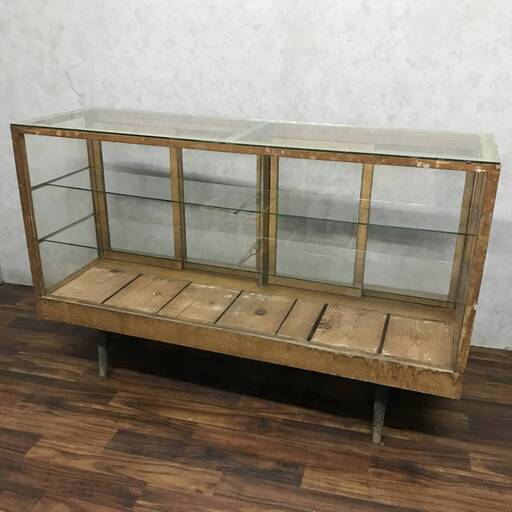PH9/62　木製ガラスショーケース W150×D45.5×H97㎝ 昭和レトロ 店舗什器 収納棚 ヴィンテージ 雑貨 コレクション　