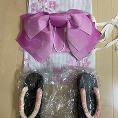 【美品】浴衣4点セット 白ピンクストライプ