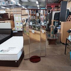 メーカー不明　日本製　回転式　姿見三面鏡　ウエーブ　バ―ズアイメイプル【愛品倶楽部柏店】