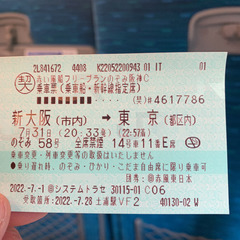 早い者勝ち！7/31 20:33新大阪→東京　新幹線指定席切符
