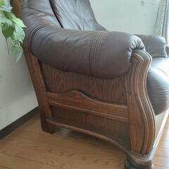 【最終】高級1人掛けアンティクソファー　ウッドレザー本革