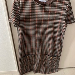 【美品】ZARA ザラ ブラウン×レッド 半袖チェックワンピース S 茶色×赤ミニワンピ レディース 夏服 秋服