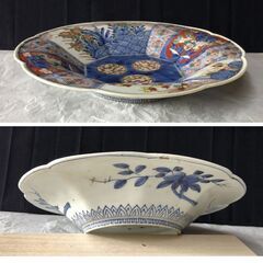 e1881 古伊万里 色絵 鉢 径26.5cm 皿 木箱入り 輪花鉢