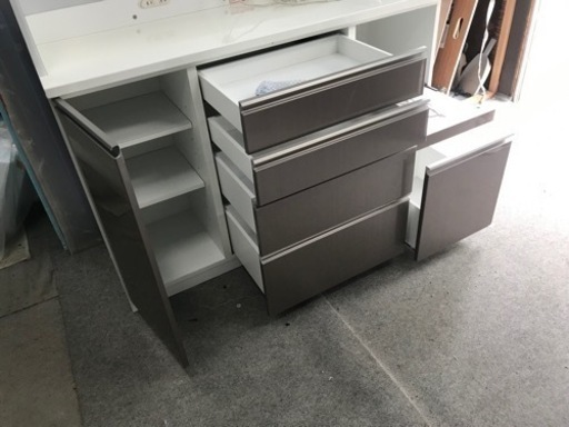 キッチンキャビネット スライド式 ホワイト×ブラウン エナメル天板