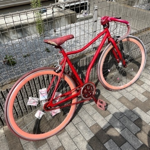 赤ピンク自転車　ピスト　原宿購入レディース