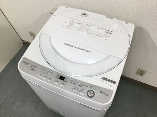 (3/18受渡済)JT5018【SHARP/シャープ 6.0㎏洗濯機】美品 2018年製 ES-GE6B-W 家電 洗濯 全自動洗濯機 簡易乾燥機能付