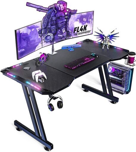 S531)【未開封品★】HLonone ゲーミングデスク パソコンデスク LEDゲームデスク ゲーマー 幅140 cm×奥行60cm Z字フレーム ブラック