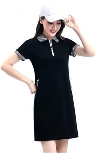 ゴルフ ワンピース レディース 半袖 ポロシャツ ロング丈 Tシャツ スポーツ ウェア 夏服 通気 (ブラック, 4XL