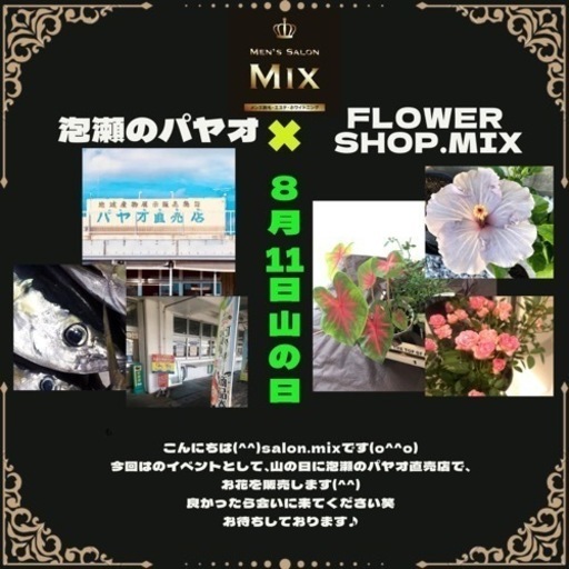 8月11日 山の日に泡瀬のパヤオにて お花販売 うずら てだこ浦西の地域 お祭りのイベント参加者募集 無料掲載の掲示板 ジモティー