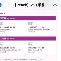 8/12〜8/14沖縄→関西空港　往復チケット